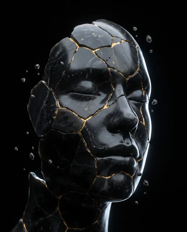 L’Ego : un visage de pierre noire polie, fissuré de veines d’or, dont des fragments se détachent.