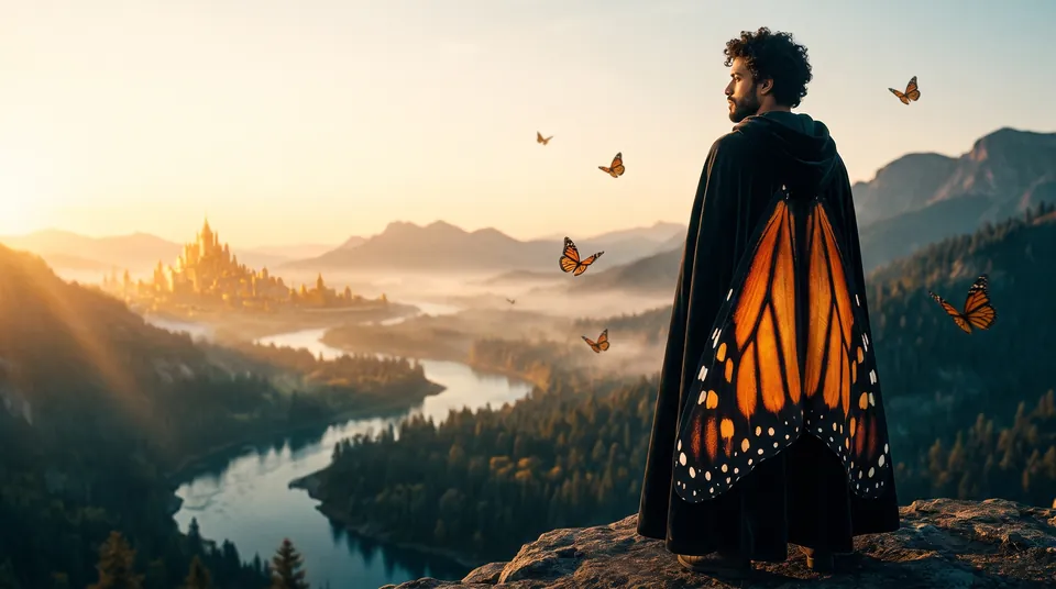 Au lever du soleil, un homme de dos au bord d’une falaise. Le dos de son long manteau sombre est une aile de papillon monarque. Devant lui, une vallée, un fleuve, une cité dorée.