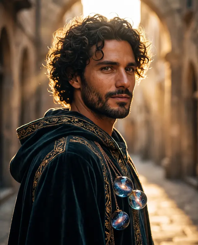 Portrait du héros : un homme aux cheveux bouclés, une courte barbe, un manteau de velours sombre où pendent quelques billes galaxie.