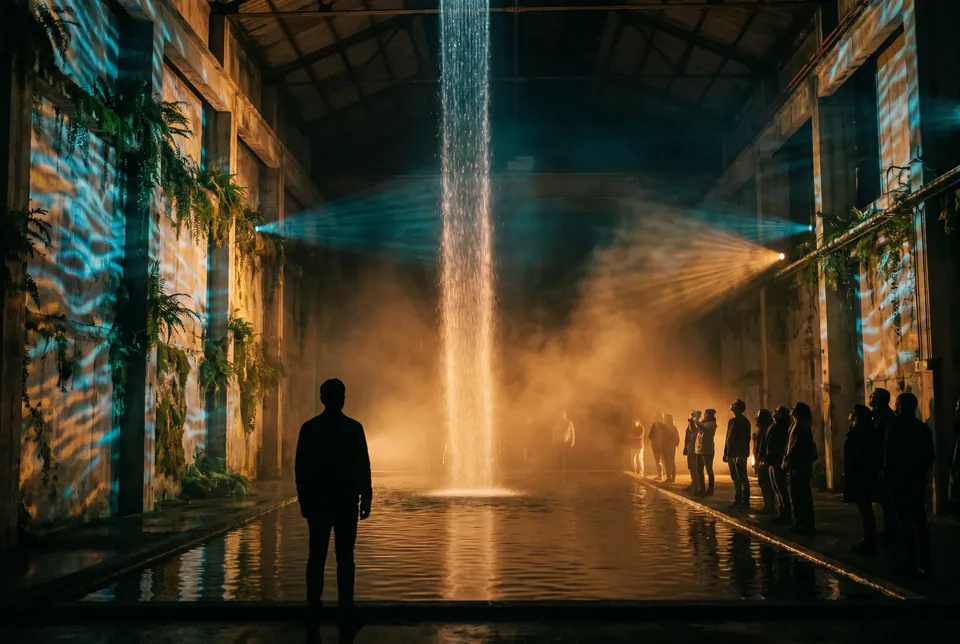Une halle sombre où tombe une cascade de lumière ; des visiteurs en silhouette.