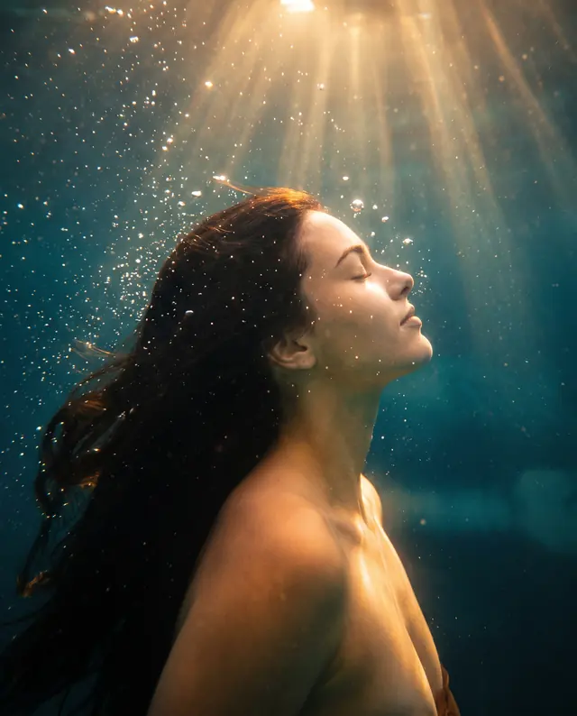 Une femme aux yeux fermés, les cheveux flottant comme sous l’eau, dans une lumière bleu-vert.