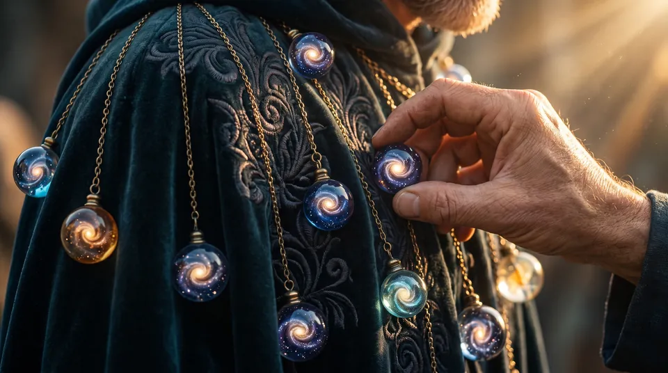 Gros plan sur le manteau de velours sombre où pendent des billes lumineuses ; une main en fixe une de plus.
