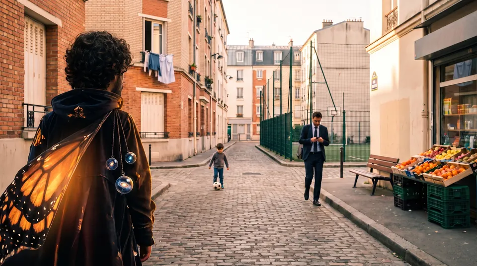 La même rue qu’au début, en couleurs. L’homme porte maintenant le manteau à l’aile de monarque ; le même enfant joue, le même homme pressé passe.