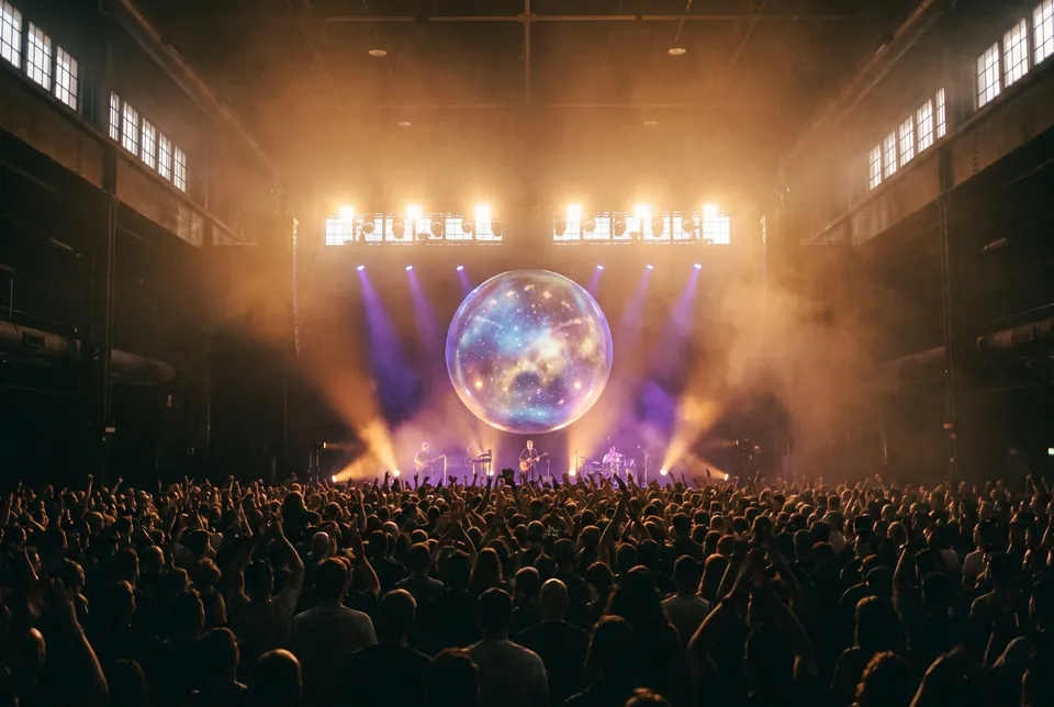 Une salle comble face à une immense sphère de lumière.