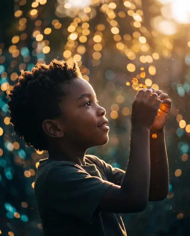 Un petit garçon de profil lève les yeux, de petites lumières entre les mains.
