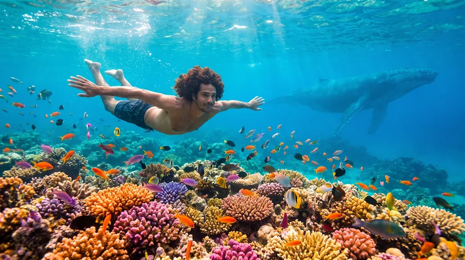 Sous l’eau, un homme nage au-dessus d’un récif aux couleurs éclatantes, une baleine au loin.