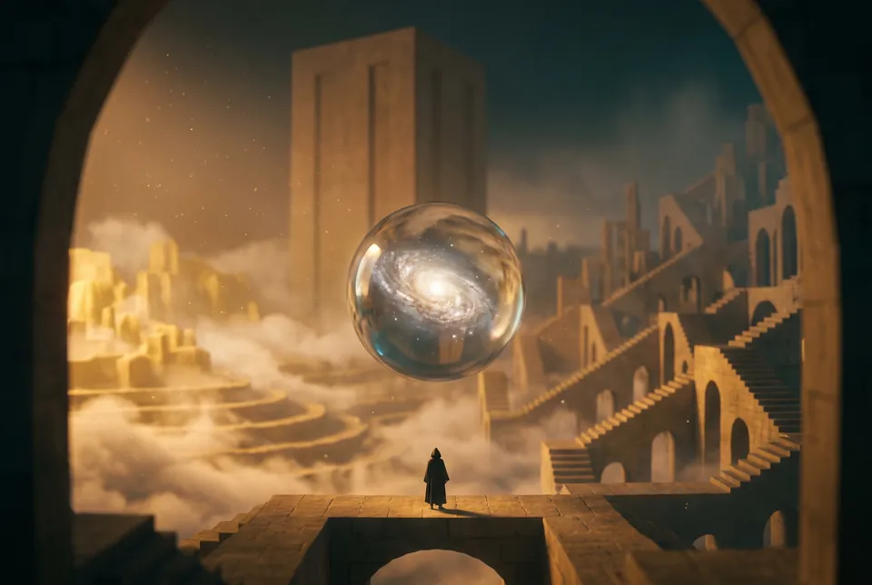 Un monde intérieur immense : des villes d’escaliers dans la brume, une sphère galaxie en suspension, une silhouette minuscule au seuil.