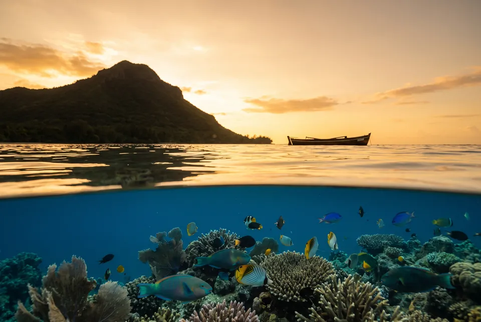 Le lagon de l’île Maurice vu à fleur d’eau : la montagne au-dessus, le récif et ses poissons en dessous.