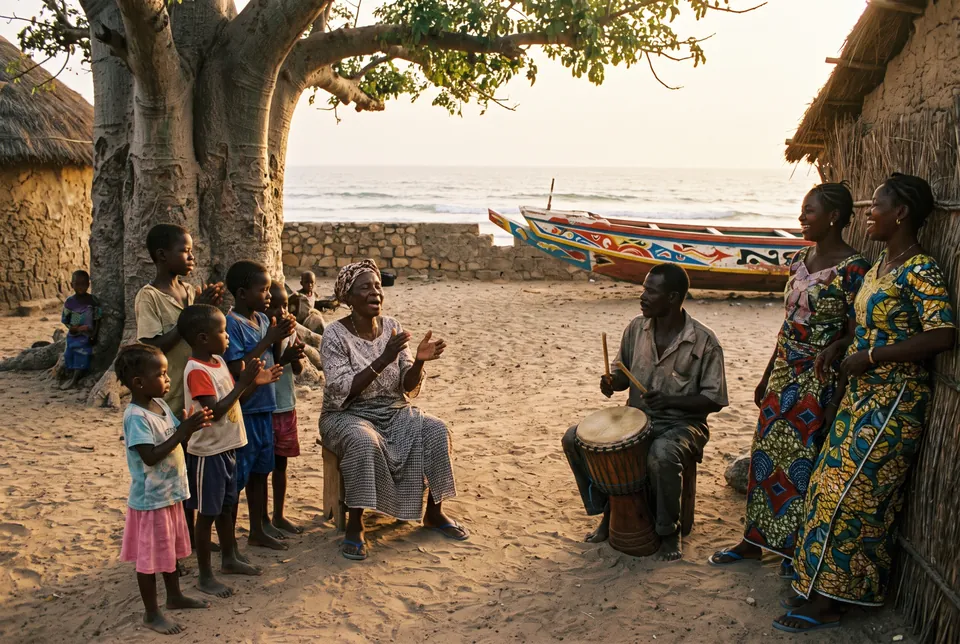 Sous un grand arbre au bord de l’océan, une grand-mère chante et frappe des mains, entourée d’enfants ; un homme joue du tambour.