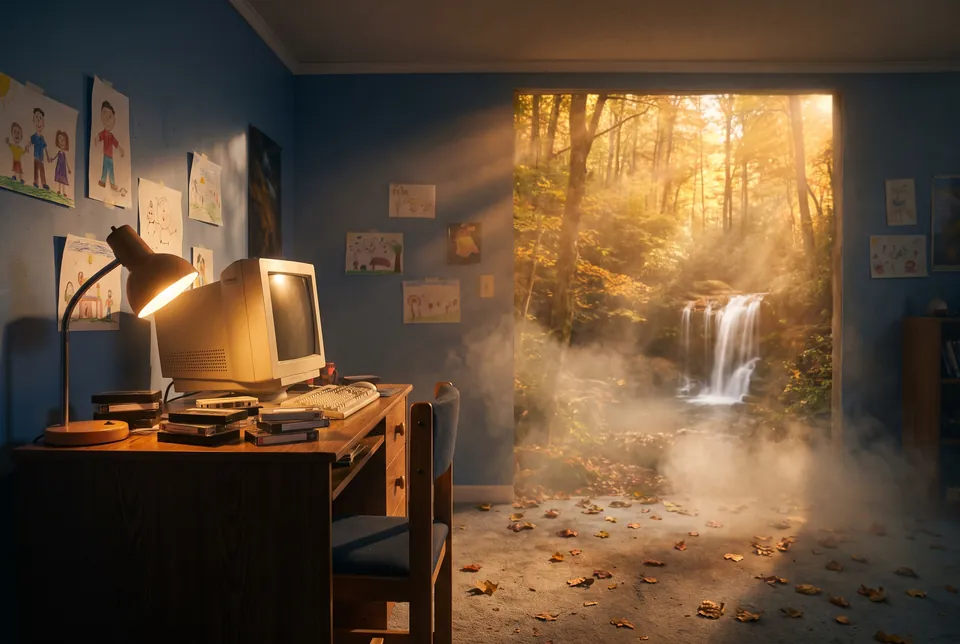 Une chambre d’enfant des années 90 dont un mur s’ouvre sur une forêt et une cascade.