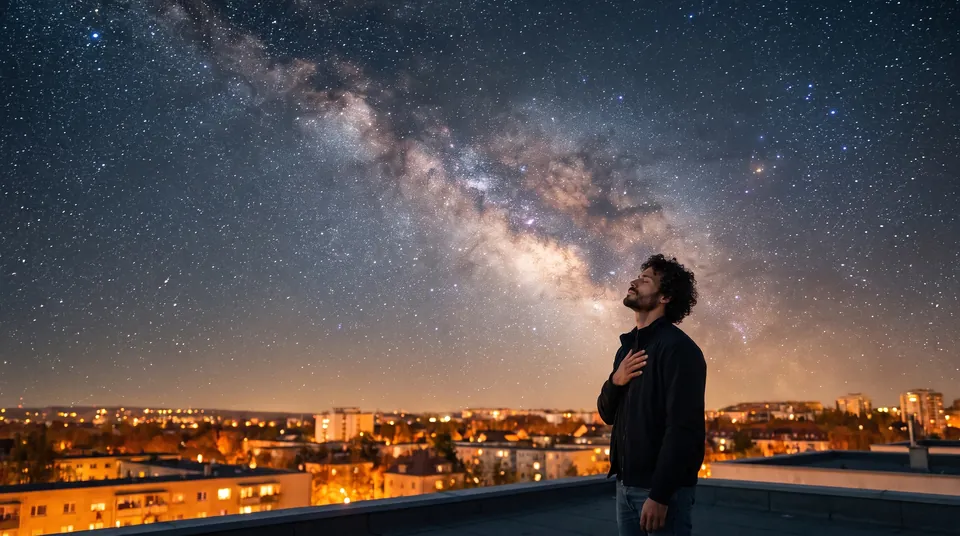 La nuit, sur un toit, l’homme lève le visage vers la Voie lactée, les yeux fermés, une main sur le cœur.